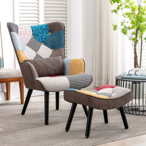 Fauteuil Scandinave Patchwork avec Repose-pieds et Coussin Lombaire en Tissu Lin Multicolore