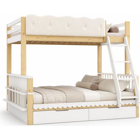 Lit superposé enfant 90x200/140x200 cm avec tiroirs, porte-revues et échelle, blanc et bois clair, pour chambre compacte – CHICFURN (1/5)