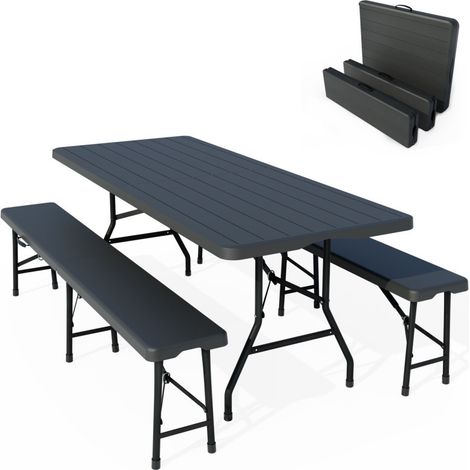 Table de camping table de jardin pliante 180x74x74cm aspect bois avec 2 bancs (1/5)