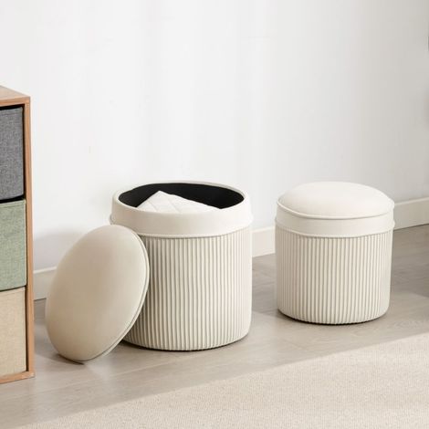 Lot de 2 poufs de rangement en velours, repose-pieds ronds gigognes avec couvercle amovible, Ø 36 et Ø 32 cm, crème (1/5)