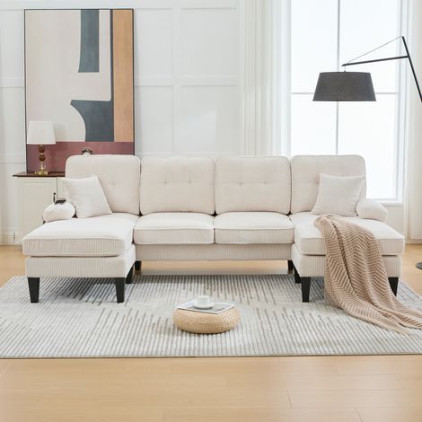 Canapé moderne en U 4 places avec double chaise longue, en tissu côtelé doux, avec rembourrage confortable, dossier moderne et structure robuste. Parfait pour tout type de salon. Beige (1/5)