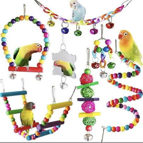 ¡Juguetes para pájaros muy completos，7 piezas，Juguetes para pájaros，Columpio para pájaros，Juguetes para cacatúas，Madera，Jaula para pájaros (1/5)