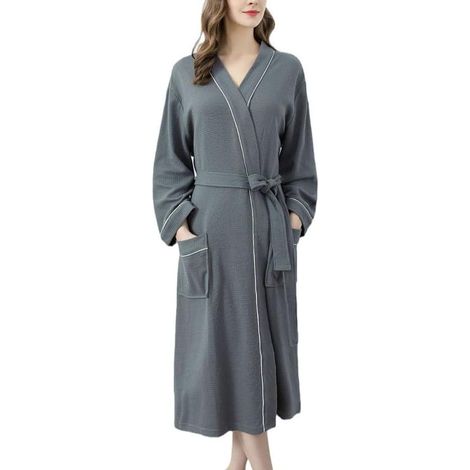 Longue Peignoir Femme, Peignoir Femme Léger Nid D'abeille, Peignoirs en Coton Gaufré pour Homme Femmes, Absorbant et Confort (1/5)