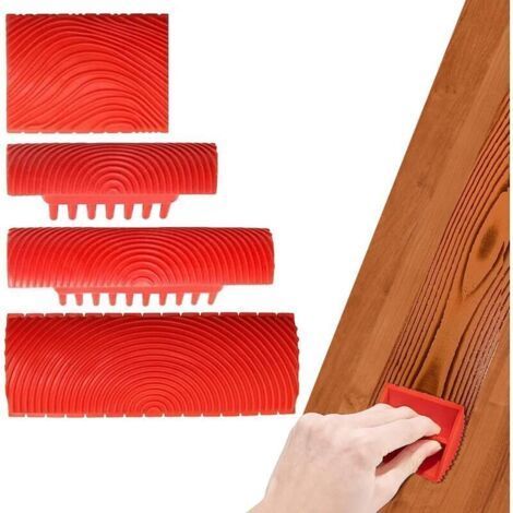 4 Pièces Outil de Grain de Bois de Caoutchouc, Outil de Peinture en Caoutchouc pour Peinture Murale Rouleau Peinture Effet Bois pour Mur, Meuble, Porte, Cadre de Fenêtre (1/4)