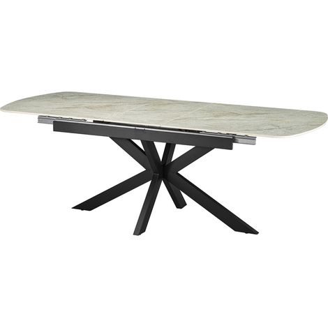HESTIA - Table extensible rectangulaire en pierre frittée beige pieds en métal noir 180-220 cm