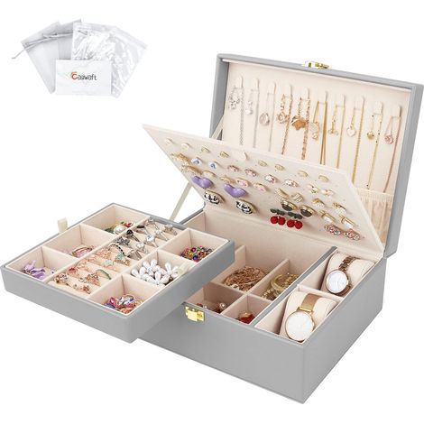 Boîte à bijoux en Cuir, Coffret à Bijoux 2 Couches Grande Capacité avec oreiller de montre, Rangement Bijoux avec Plateau amovible pour Bagues, Boucles d'oreilles, Colliers, Bracelets, Gris (1/5)