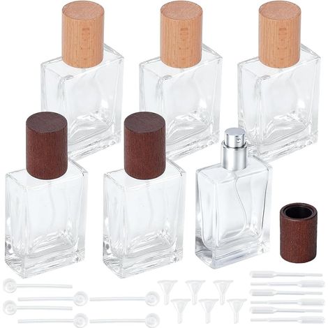 Lot de 6 flacons de parfum vides en verre - Vaporisateurs rechargeables - 30 ml - Pour voyage, bricolage, fabrication de parfums, accessoires avec pipettes de 2 couleurs, entonnoir (1/5)