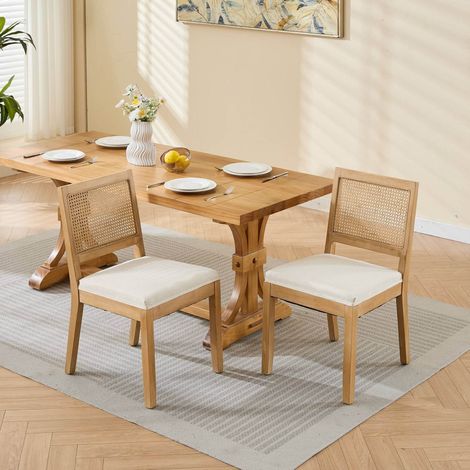 Silla comedor tapizada con respaldo de ratán beige 2 uds OKMYHOME (1/5)