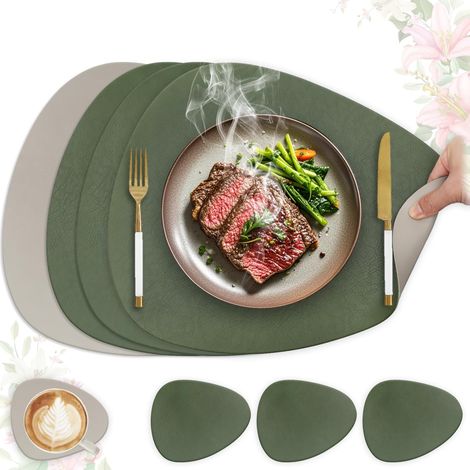 Set de table lavable antidérapant, lot de 4 ovales 41x33cm en cuir PU double face vert et gris clair. (1/5)