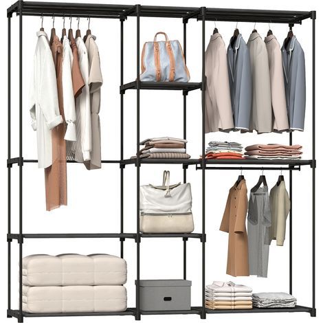 Armario abierto, perchero de ropa de 4 niveles con 2 compartimentos para colgar ropa, para salón, 182 x 43 x 185 cm, negro (1/5)