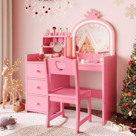 2 en 1 Coiffeuse Et Bureau pour Enfants avec Chaise, Table De Maquillage Fille avec Miroir LED (1/5)