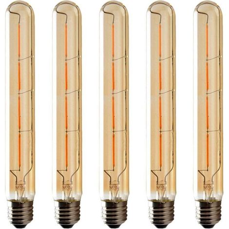 Pack T225 Long Tube Light Bulbs, 6W E27 Edison LED Filament Bulb, Warm White, Amber Glass for Decorative Light Bulb, AC 220-240V (1/5)