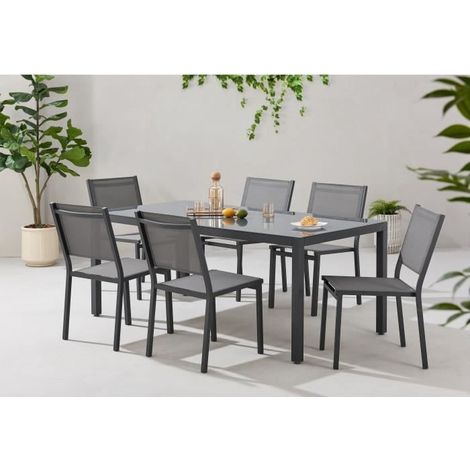 Ensemble repas table et chaises de jardin 6 personnes – Table rectangulaire en aluminium avec plateau en verre trempé – Dimensions L180 x P90 x H74 cm