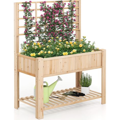 Bac de jardin surélevé avec treillis, jardinière en bois sur pieds pour fleurs, herbes et légumes, drainage (1/5)