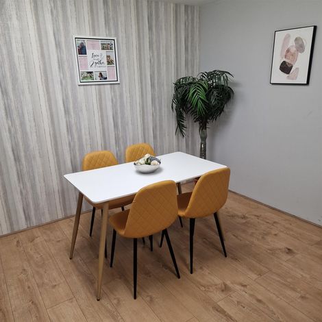 Wooden Dining Table with 4 Mustard Gem Patterned Chairs White Table with Mustard Chairs (1/5)