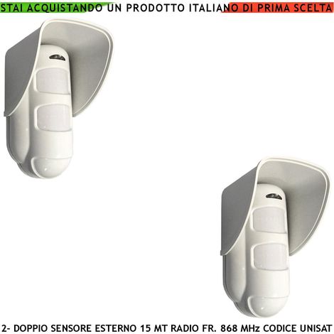 Sensore Movimento Doppia Tecnologia da Esterno 2 Pezzi Copertura 15 Metri Grandangolo o 25 Metri Tenda Via Radio Frequenza 868 MHz Bidirezionale Codice UNISAT (1/5)