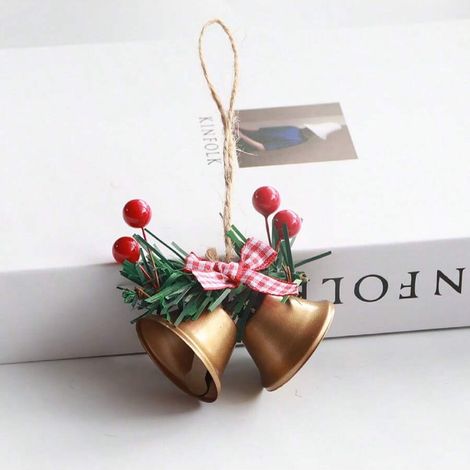 Cloche double corne décorative de Noël, suspension artisanale pour sapin et fenêtre, accessoire en métal doré, ornement de fête (1/5)