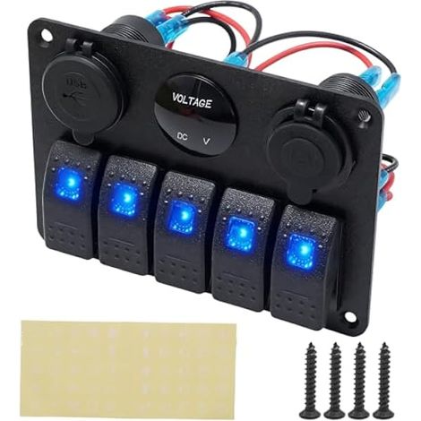 Panneau de commutation de bateau marin, interrupteur à bascule à 5 vitesses avec double chargeur USB, étanche avec allume-cigare et voltmètre pour voiture, camion, camping-car et utilisation (1/5)