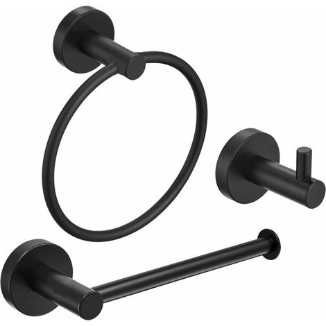 Stainless Steel Bathroom Hardware Set Black 3 Pieces Bathroom Hardware Accessories Sets Wall Mounted Double Towel Ring Towel Holder Hook Toilet Paper Holder (1/5)