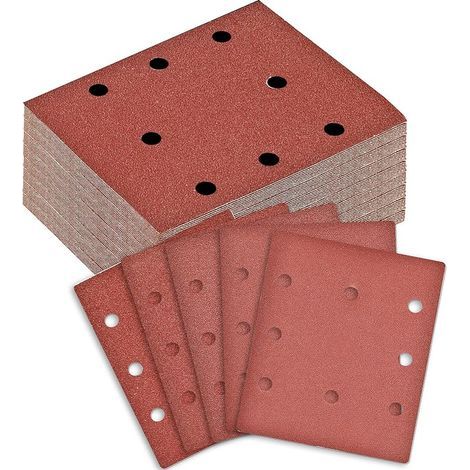 100 Pièces Feuilles Abrasives Rectangulaires - Grain 40/60/80/120/240-8 Trous Papier a Poncer - Accessories Feuille Abrasif pour Ponceuses Orbitales (115x145mm) (1/5)