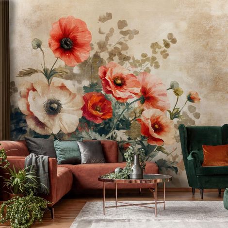 Fototapete Blumen Vintage Beton Beige, für Wohnzimmer und Schlafzimmer, 150 x 105 cm – Komplettset inkl. Kleister & Anleitung (1/5)