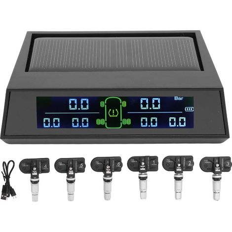 Sistema di monitoraggio della pressione degli pneumatici, schermo LCD con 6 sensori esterni, allarme di sicurezza, TPMS wireless a energia solare per auto, camper, rimorchio, camion. (1/4)