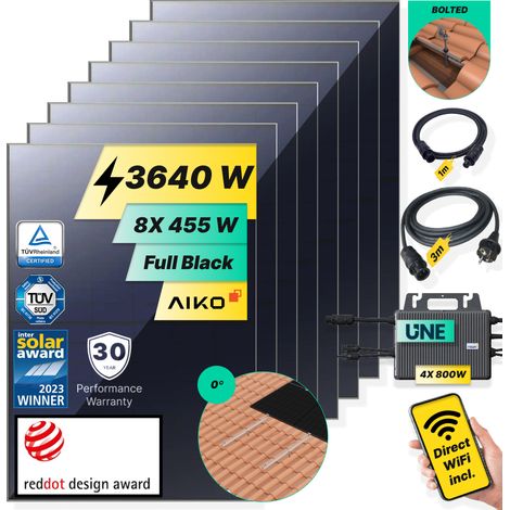 ROBINSUN®️ Kit Solar Enchufable Performance Roof 3.640Wp, 8 paneles Aiko 455Wp +4 Microinversores 800W Wifi incluído+Cable 3m+8 Fijaciones Atornillado