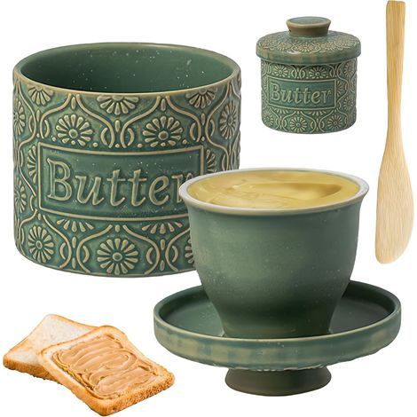 Französische Butterdose mit Deckel, Keramik, 200 ml, mit Deckel, wassergekühlt, französische Butterdose mit Buttermesser, für frische und streichfähige Butter (1/5)