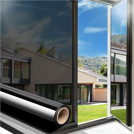 Film Fenetre Anti Regard Maison Film Miroir bloquant Les UV Film Non adhésif pour Maison et Bureau 90cmx200cm Noir Argenté (1/5)
