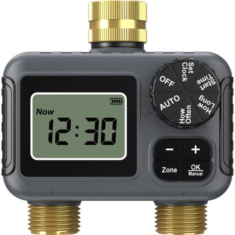 Vanne d'irrigation à double canal et entrée en laiton — Étanchéité IP55, bouton rotatif, bouton-poussoir, programmateur avec écran LCD (1/4)