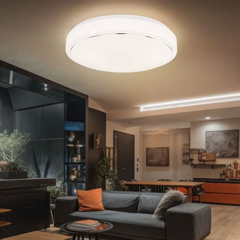 Lampada da soffitto, luce rotonda, luce per interni, metallo, bianco opale, acrilico, cromo specchiato, 1 LED 24 watt 1468 lumen bianco caldo, PxH 37,5x8,5 cm (1/5)