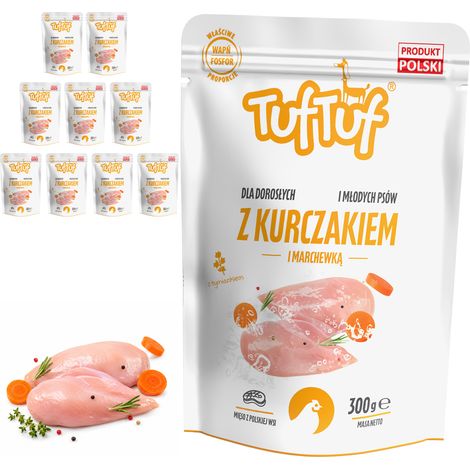 Cibo umido per cani TufTuf, pollo e carota, bustine da 10 x 300 g, carne in scatola. (1/5)