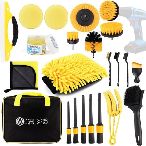Kit de nettoyage voiture 22 pièces : brosses, gants microfibre, éponges, gel, raclette (1/5)