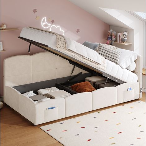 REDOM cama individual 201x101x78 cm, con almacenaje hidráulico y USB, bolsillos laterales, terciopelo beige (1/5)