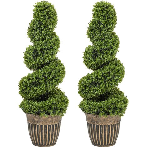 HOMCOM Set of 2 Potted Artificial Plants, Topiary Spiral Boxwood Trees, 90cm (1/5)