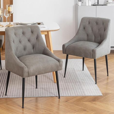 Chaise de Salle à Manger Grise en Velours, Chaise à Dossier Matelassé avec Accoudoirs, Pieds Métalliques Noirs, Chaise de Repas Élégante pour Cuisine (1/5)