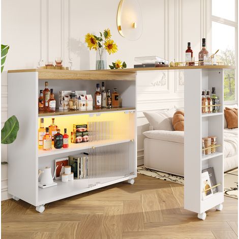 Tavolo bar allungabile in MDF bianco con LED e vani contenitore, 138-204x39x105 cm (1/5)