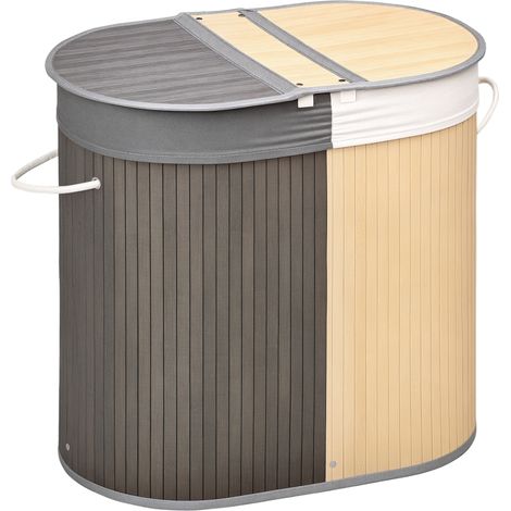 Cesto portabiancheria in bambù da 100 litri con 2 scomparti, coperchio e sacco removibile, 62,5 x 37 x 60,5 cm - Grigio