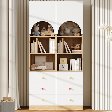 Estantería de libros juego de 2 armario de almacenamiento 100x50x200cm librería con cajones y puertas de mdf para habitación infantil y salón - blanco y madera (1/5)