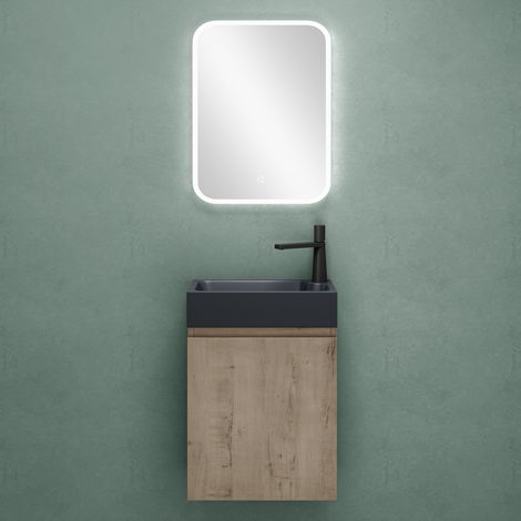 Mai & Mai Ensemble de Meuble de Salle de Bain Meuble sous Lavabo Suspendu Chêne Blanc Clair 46x26x63cm avec Vasque Anthracite Mat et Miroir LED PS02 (1/5)