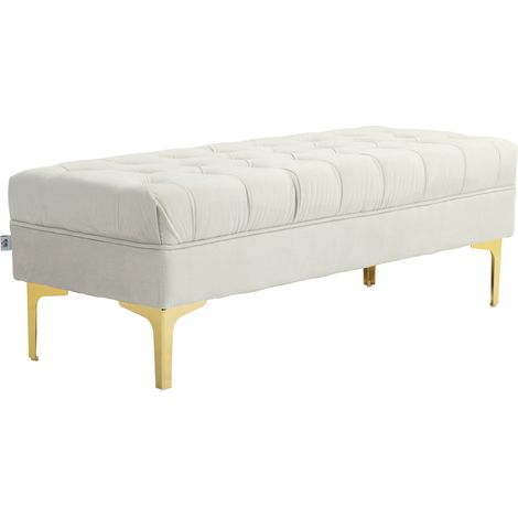 Bout de lit capitonné classique chic 118x45x42 cm velours beige piètement métal doré (1/5)