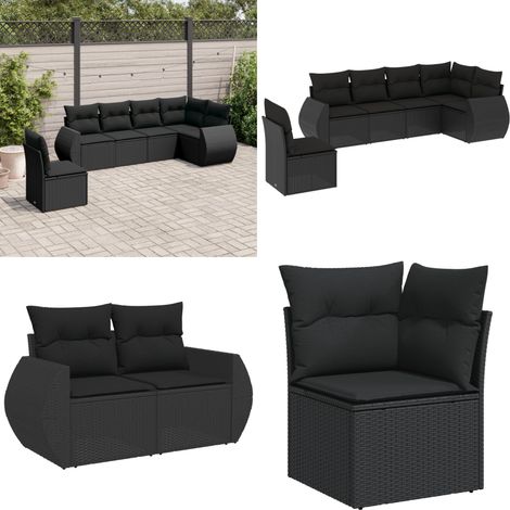 Salon de jardin 6 pcs avec coussins noir résine tressée - Ensemble Salon De Jardin - Salon De Jardin Extérieur - Mobilier De Jardin - Fauteuil De Jardin - Table Basse - Home & Living (1/5)
