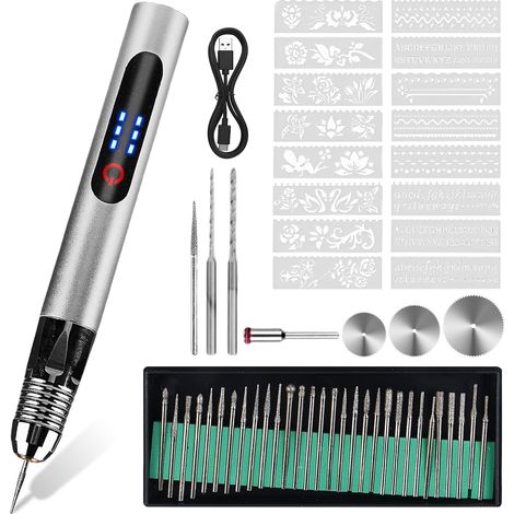 Stylo de gravure électrique, rechargeable, mini outil de gravure avec accessoires de gravure, mini stylo de gravure, stylo de gravure rotatif, pour bijoux, verre, bois, métal, pierre (1/5)