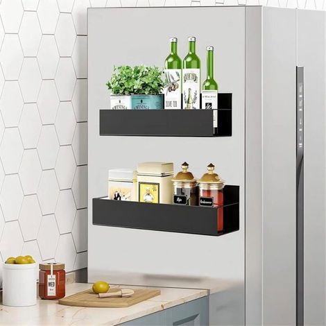 Étagère magnétique pour frigo, porte-épices métal, sans perçage, noire (1/4)