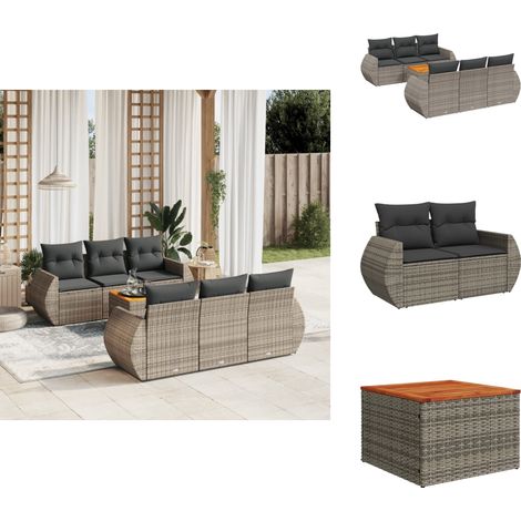 7-tlg. Garten-Sofagarnitur mit Kissen Grau Poly Rattan - Gartensortiment - Gartenmöbelset - Lounge Set - Rattan Möbel - Outdoor Möbel (1/5)