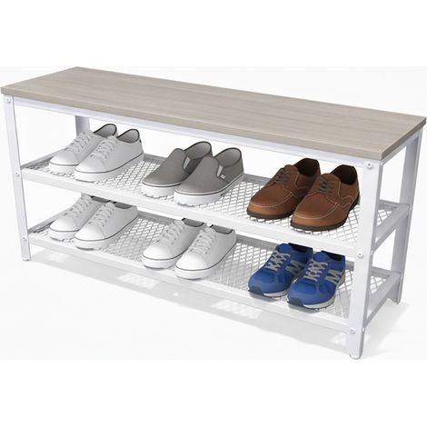 Relaxdays Schuhbank, für 8 Paar Schuhe, HxBxT: 45 x 100 x 30 cm, 2 Gitterablagen, Sitzbank in Holzoptik, hellbraun/weiß