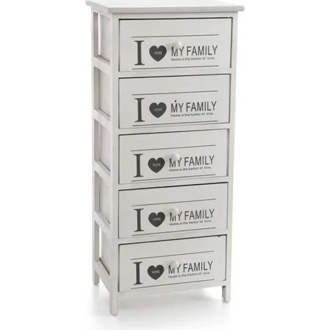 Cómoda de madera blanca con 5 cassetti y decoración "I LOVE MY FAMILY" 40 x 29 x 90