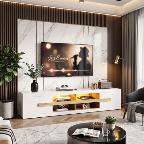 Creahappy Meuble TV LED 200x40 cm - Grand Rangement Multimédia avec Passe-Câbles - Style Moderne Épuré - Blanc et Bois (1/5)