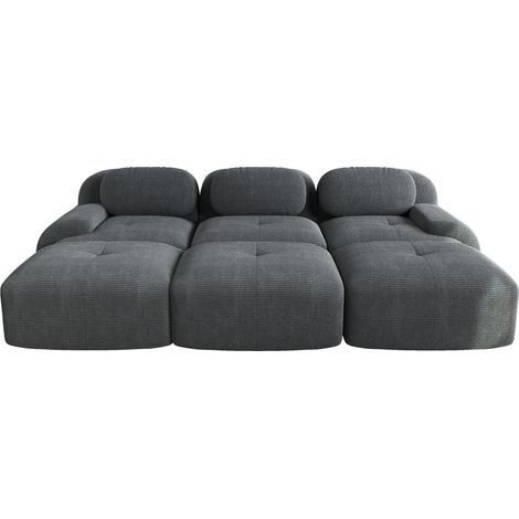 Canapé modulaire 3 places avec 3 poufs en velours côtelé gris, sans structure, design ergonomique pour salon et home cinéma (1/5)