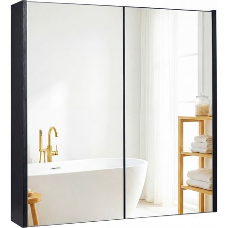 Wandmontierter Badezimmerschrank mit Spiegeltüren, Schwarz, MDF